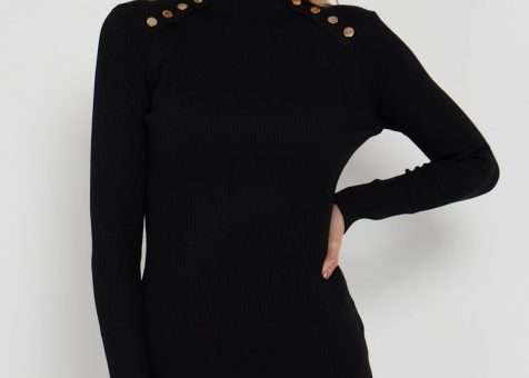 GOLD BUTTON DETAILS RIB KNIT BODYCON DRESS IN BLACK