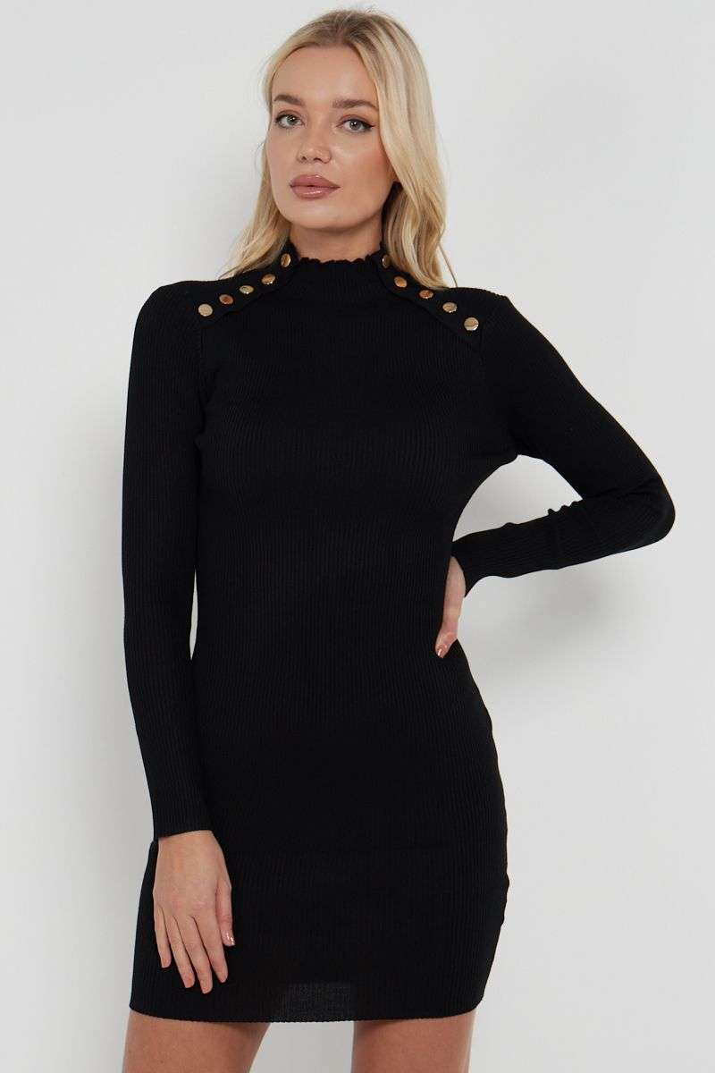 GOLD BUTTON DETAILS RIB KNIT BODYCON DRESS IN BLACK